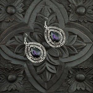 Teardrop Silver Tone Wavy Dangle Earrings Large Purple Rhinestone Small Black 2"